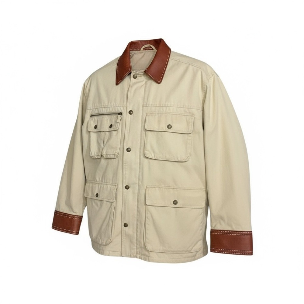 Beige Cotton Canvas Safari Field Barn Jacket Leather Trim Khaki Utility Coat